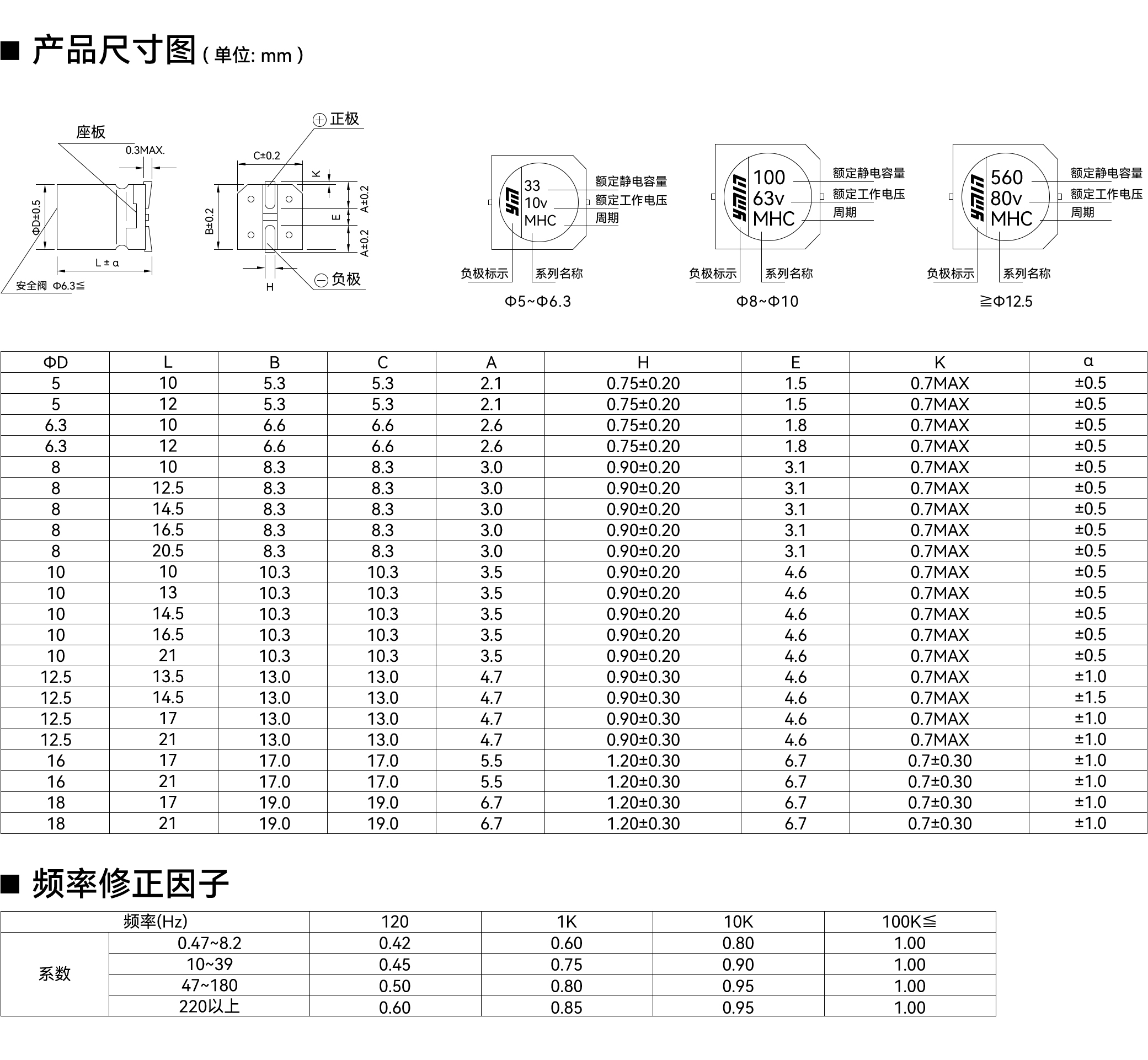 VKM 系列产品尺寸与额定纹波电流条件