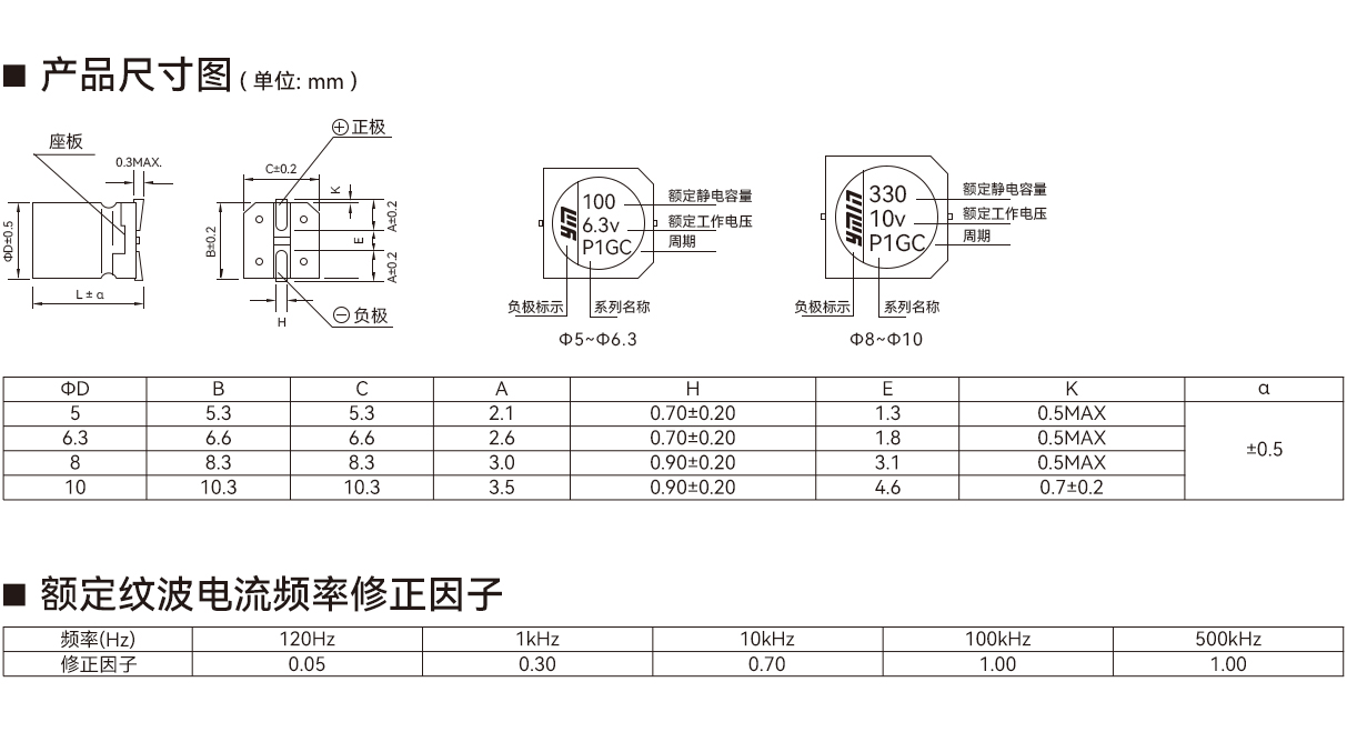 VP1 系列产品尺寸与额定纹波电流条件